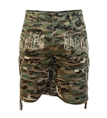 BOTTEGA DESIRES DISTRESSED CAMO CARGO SHORTS