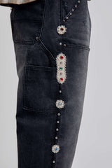 JAPANESE SORROWS EMBELLISHED DOUBLE KNEE JEANS BLACK