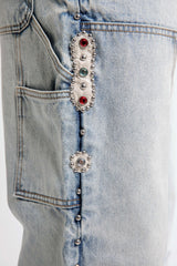 JAPANESE SORROWS EMBELLISHED DOUBLE KNEE JEANS BLUE