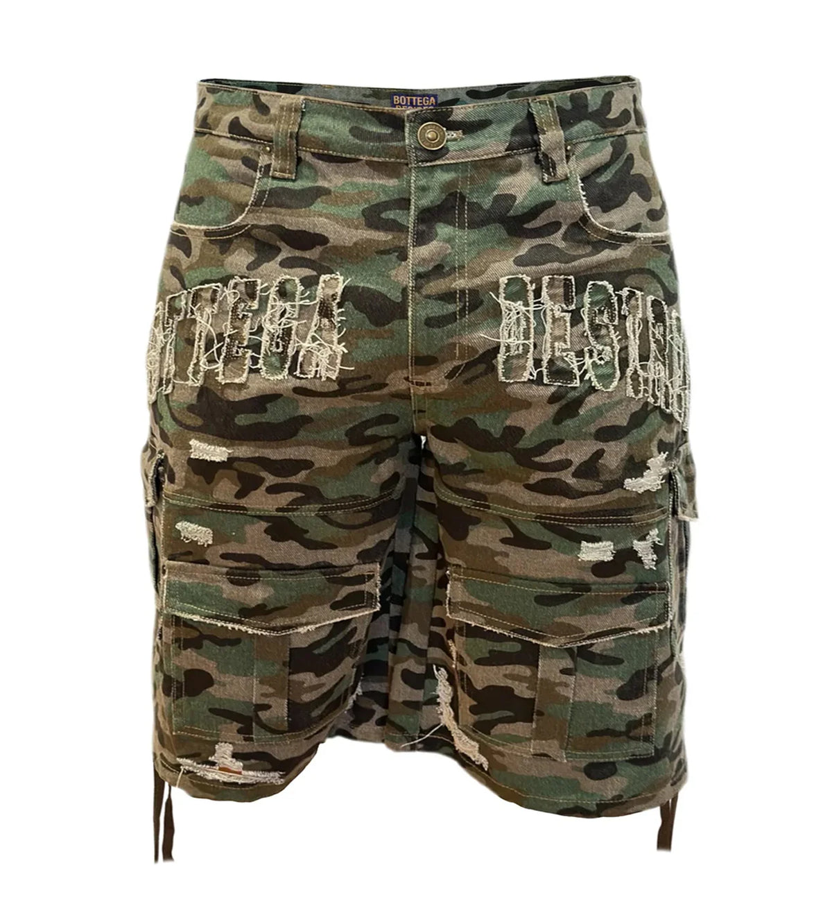 BOTTEGA DESIRES DISTRESSED CAMO CARGO SHORTS