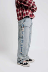 JAPANESE SORROWS EMBELLISHED DOUBLE KNEE JEANS BLUE